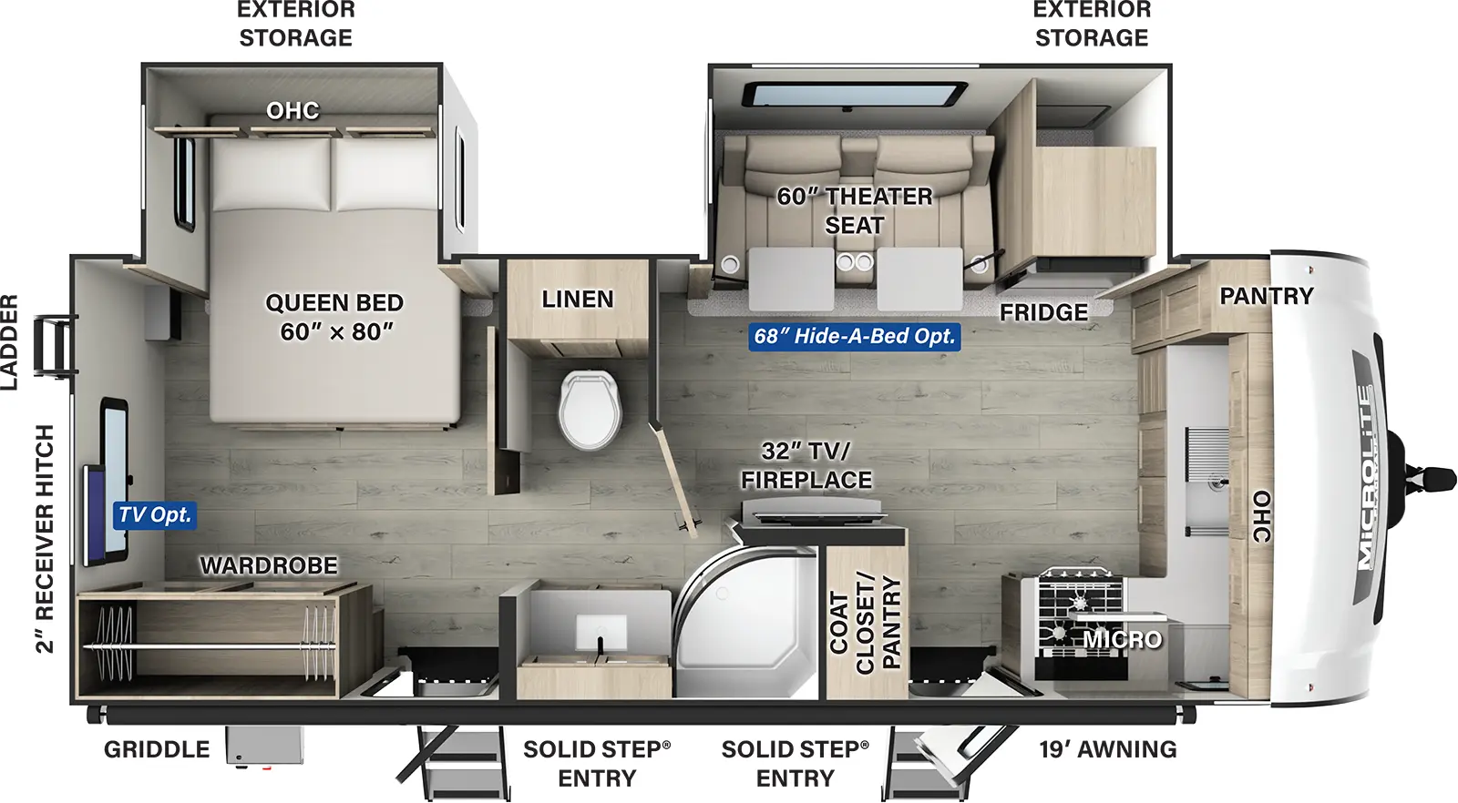 The Flagstaff Micro Lite 25FKBS has two entries and two slide outs. Exterior features include: fiberglass exterior and 19' awning. Interiors features include: front kitchen, rear bedroom and pass through bathroom.